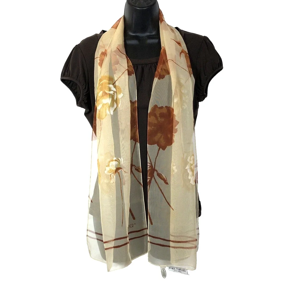 Regina Schrecker Rectangle Scarf Floral Tan Brown Sheer Vintage Retro Italian